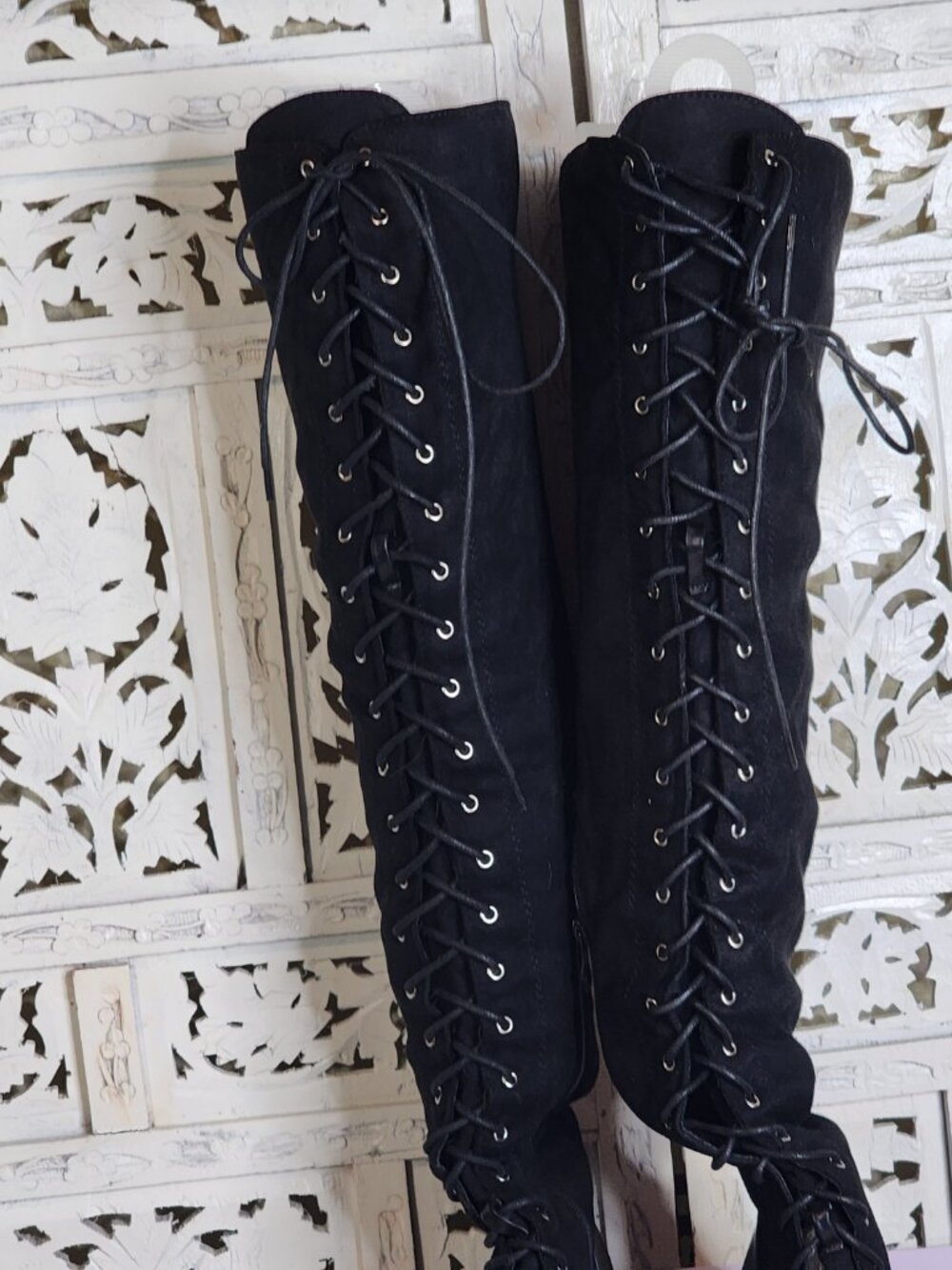 Fashion Nova Los Angeles Black Blogger Suede Over The Knee Lace Up Boots Sz 8.5M - Picture 6 of 16